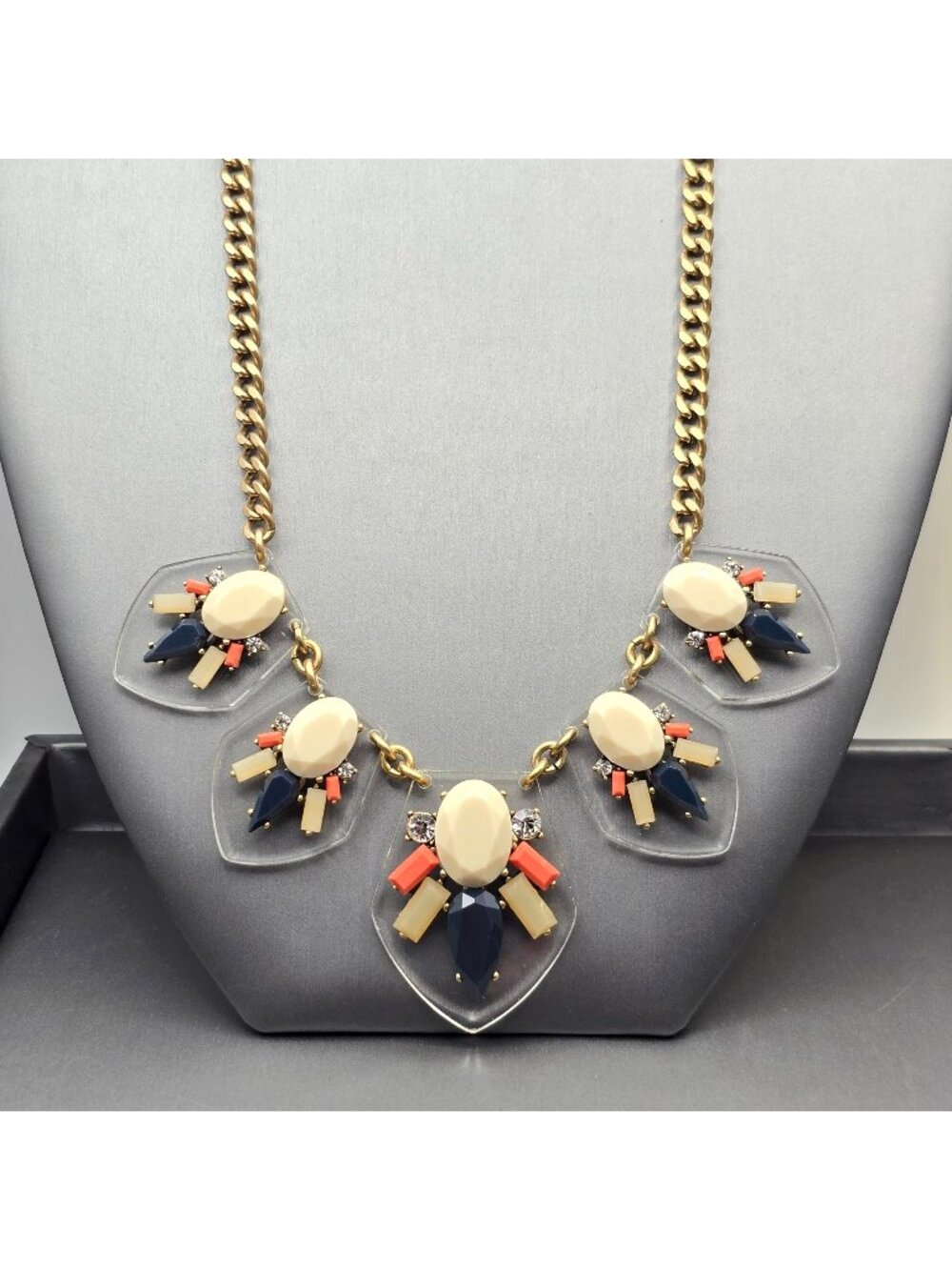 J Crew Multi-Color Statement Necklace 16" Gold Tone Rhinestone Lucite Shield NWT